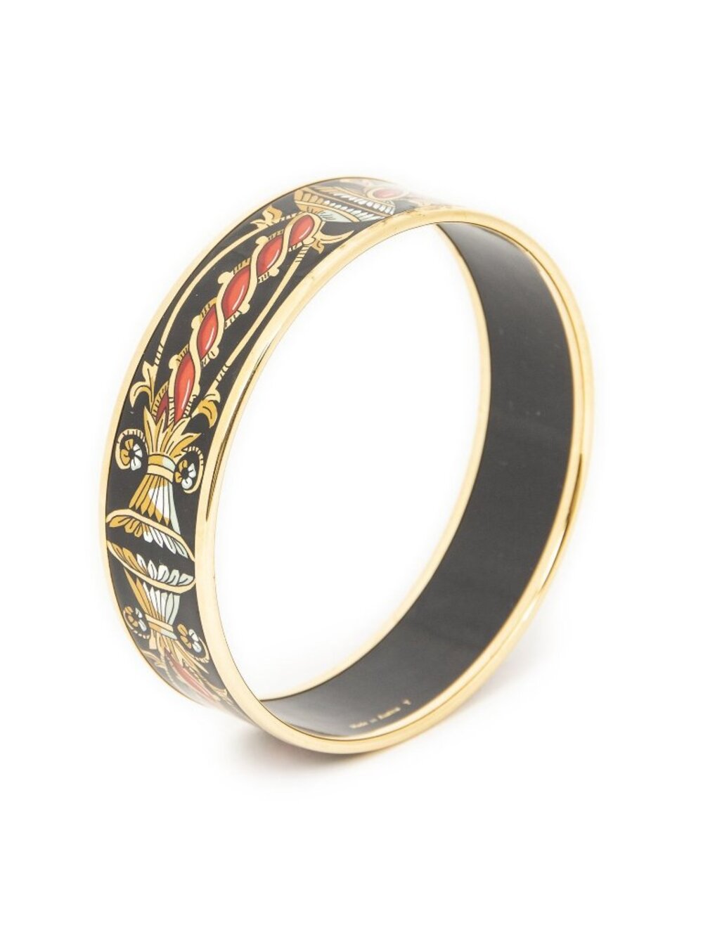 Hermes Enamel Bangle Black Gold Red Decorative Motif Bracelet
